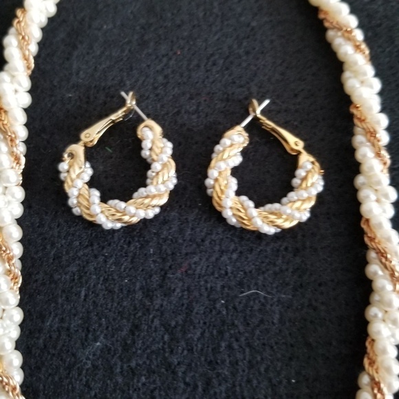 Faux Pearl Goldtone Braided Necklace and Earrings - Picture 2 of 5